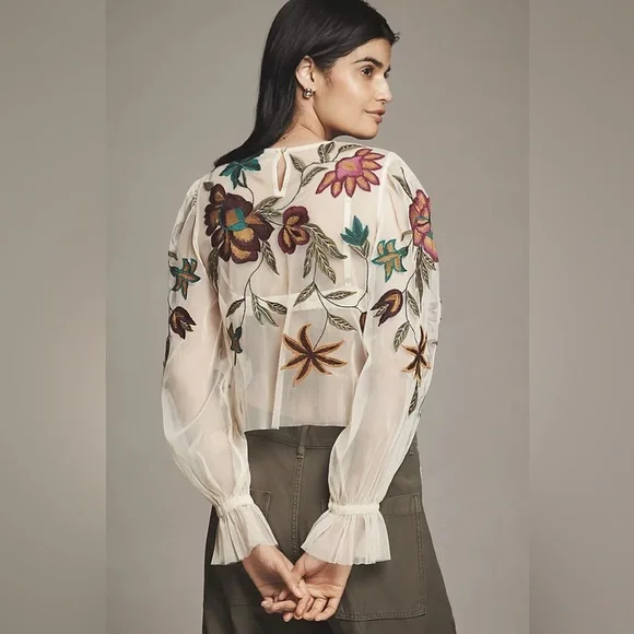 New Anthropologie The Layla Long-Sleeve Applique Embroidered Mesh Blouse sz M - Picture 3 of 8